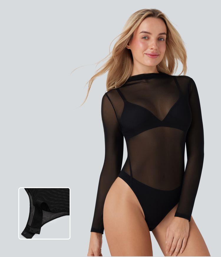 Lässiger Bodysuit aus transparentem Netzstoff mit Stehkragen und Druckknöpfen