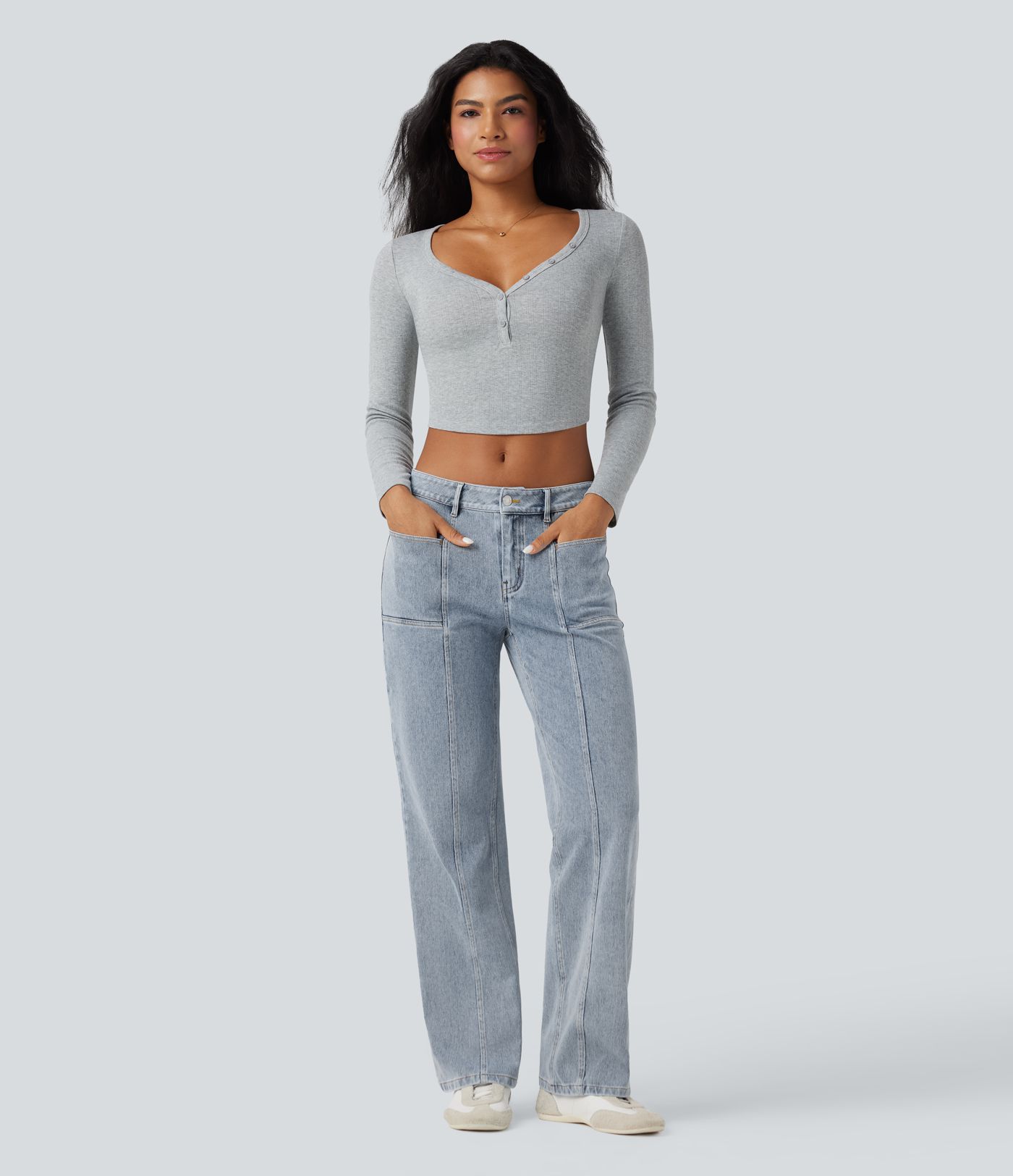 Halara Flex™ Low Rise Straight Leg Washed Casual Jeans with Pockets