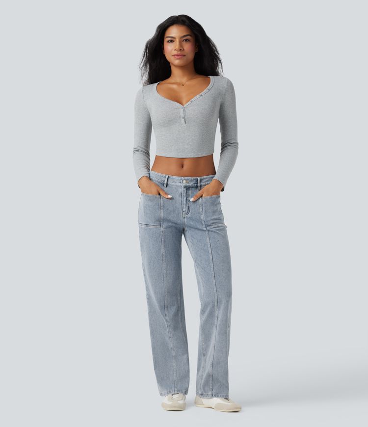 Halara Flex™ Low Rise Straight Leg Washed Casual Jeans with Pockets