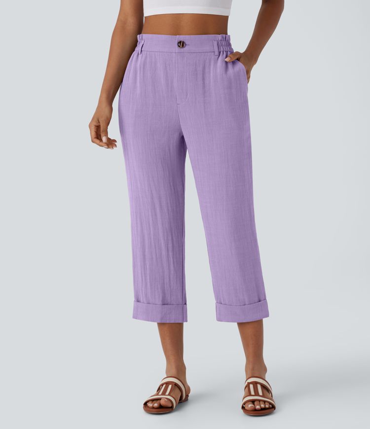 Pantalones Capri de talle alto con bolsillos con cremallera y aspecto de lino