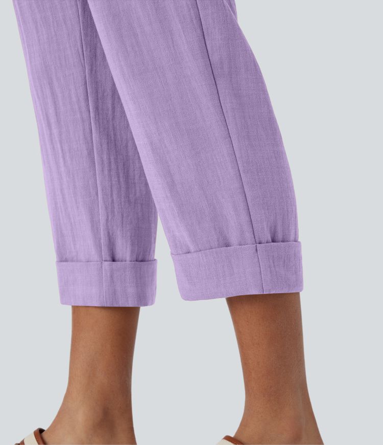 Pantalones Capri de talle alto con bolsillos con cremallera y aspecto de lino