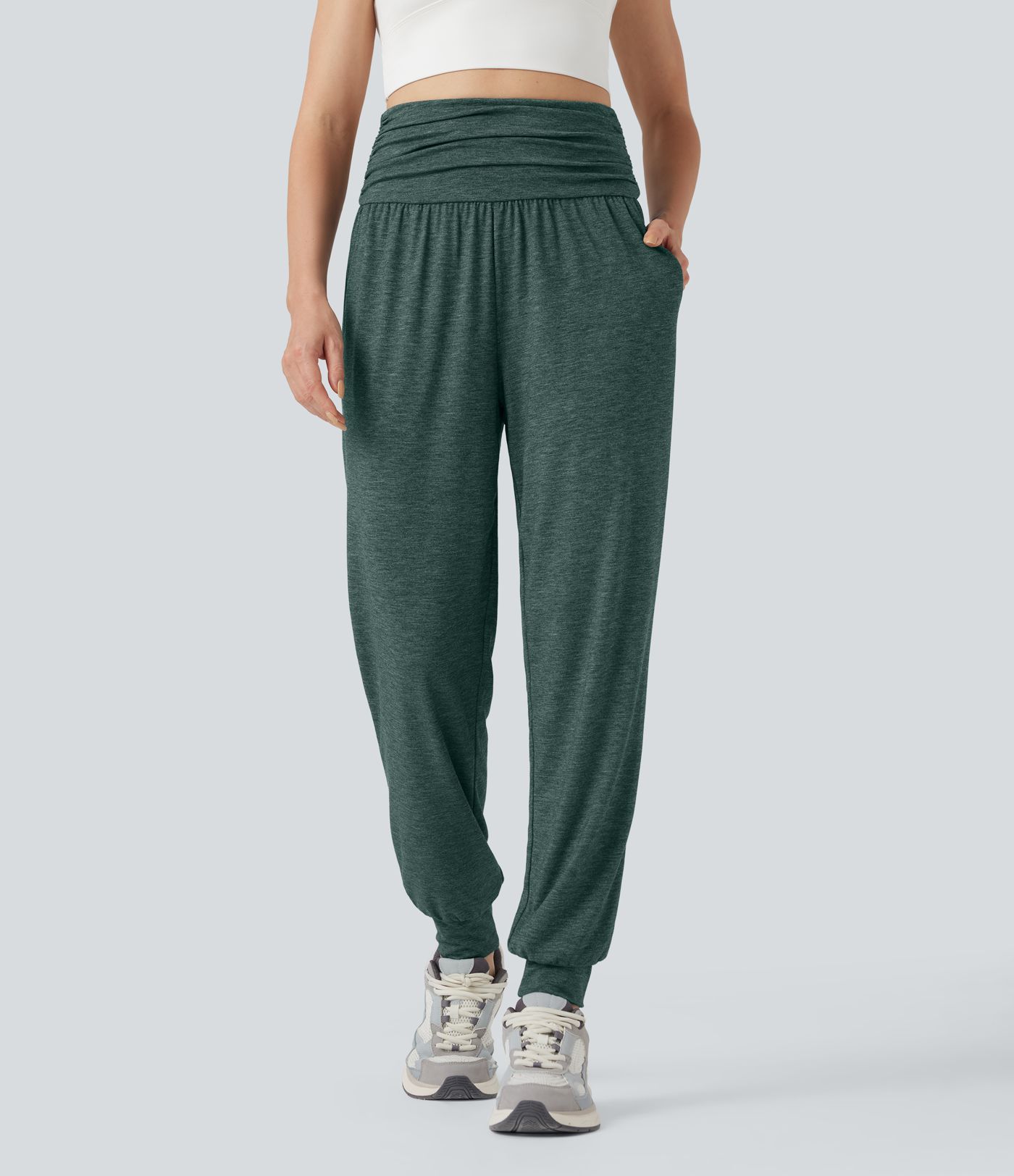 High Waisted Ruched Heathered Yoga Joggers with Pockets
