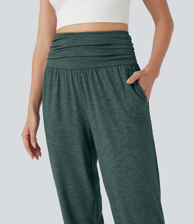 High Waisted Ruched Heathered Yoga Joggers with Pockets