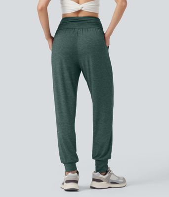 High Waisted Ruched Heathered Yoga Joggers with Pockets