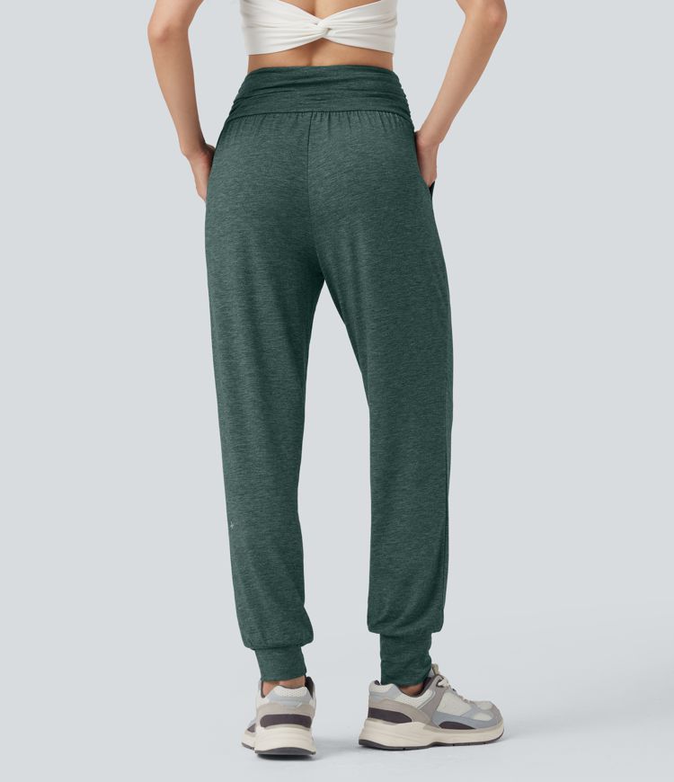 High Waisted Ruched Heathered Yoga Joggers with Pockets