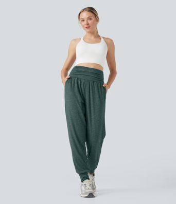 High Waisted Ruched Heathered Yoga Joggers with Pockets