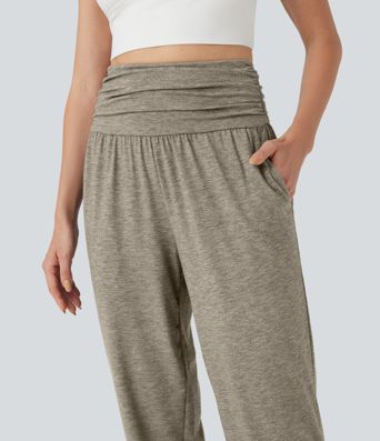 High Waisted Ruched Heathered Yoga Joggers with Pockets