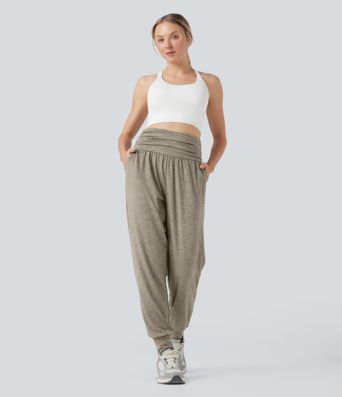 High Waisted Ruched Heathered Yoga Joggers with Pockets