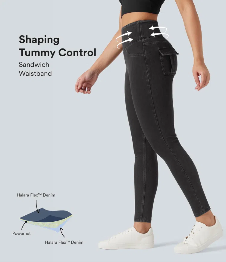 Halara Flex™ - Lässige Denim-Leggings mit hohem Bund, Seitentaschen und Bauchkontrolle