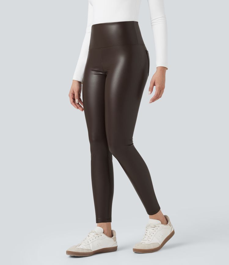 Lässige 2-in-1 Skinny-Leggings aus elastischem Kunstleder mit hohem Bund, Seitentaschen und Bauchkontrolle
