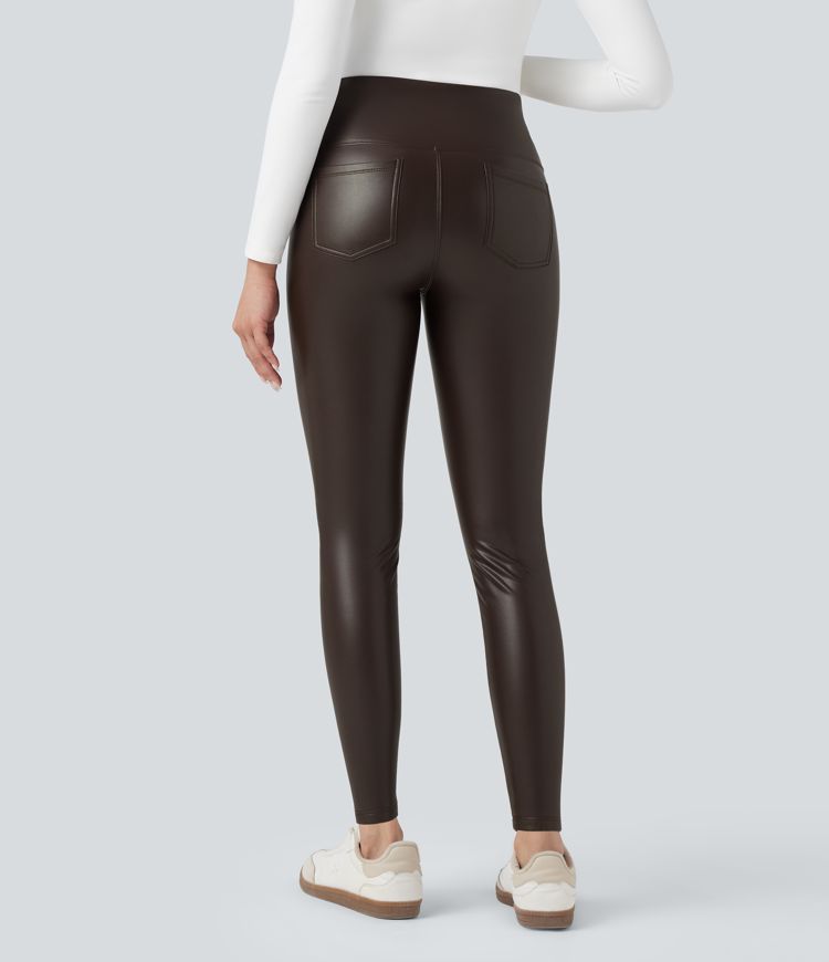Lässige 2-in-1 Skinny-Leggings aus elastischem Kunstleder mit hohem Bund, Seitentaschen und Bauchkontrolle
