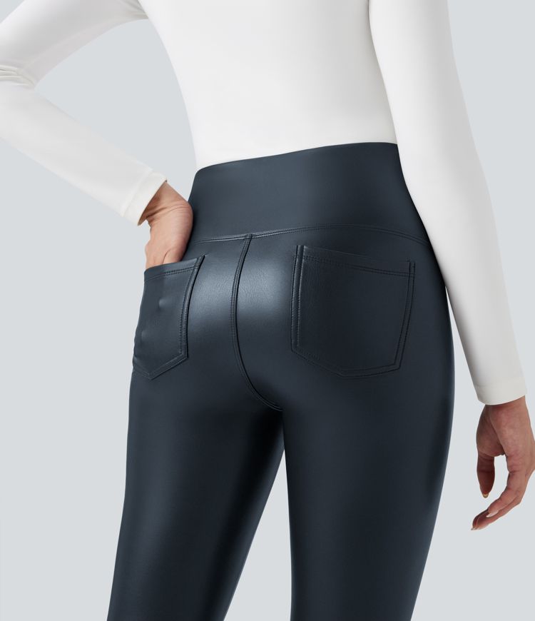 SoCinched Leggings de Cintura Alta con Control de Abdomen, Elásticos, PU Forrados, 7/8, Casuales, Ajustados, con Bolsillos