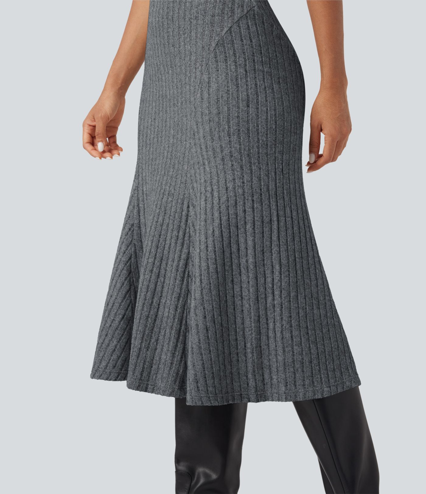 Ribbed Knit High-waisted Midi Casual A-line Skirt