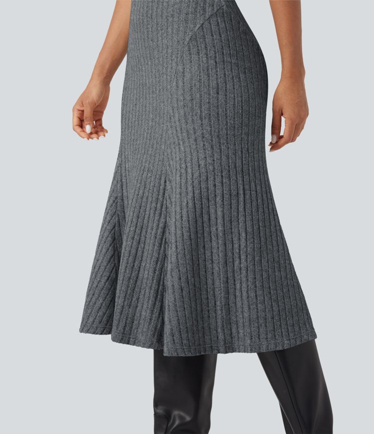 Ribbed Knit High-waisted Midi Casual A-line Skirt