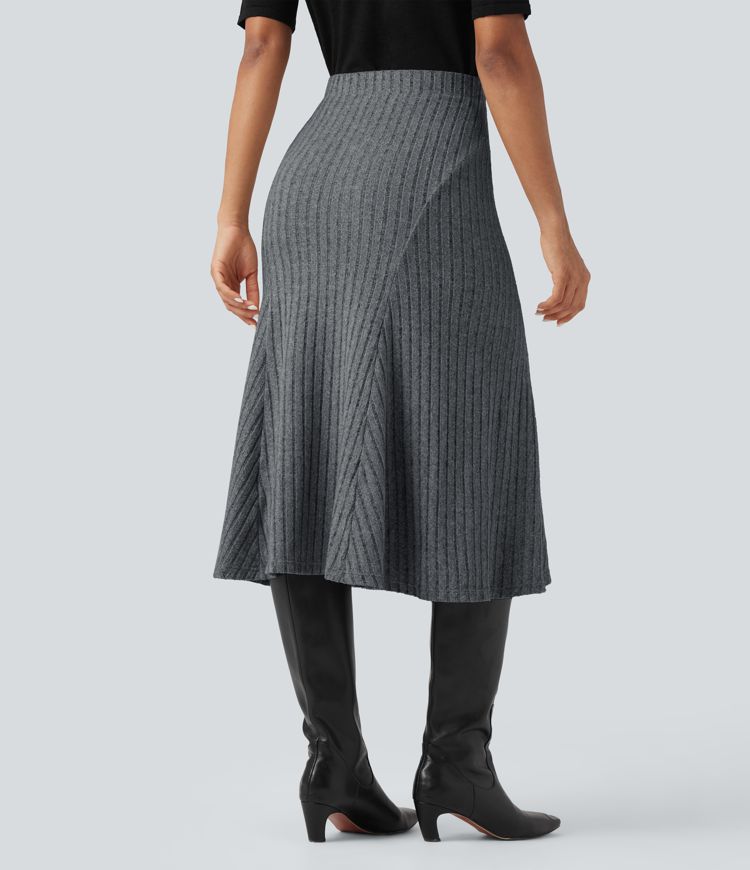 Ribbed Knit High-waisted Midi Casual A-line Skirt