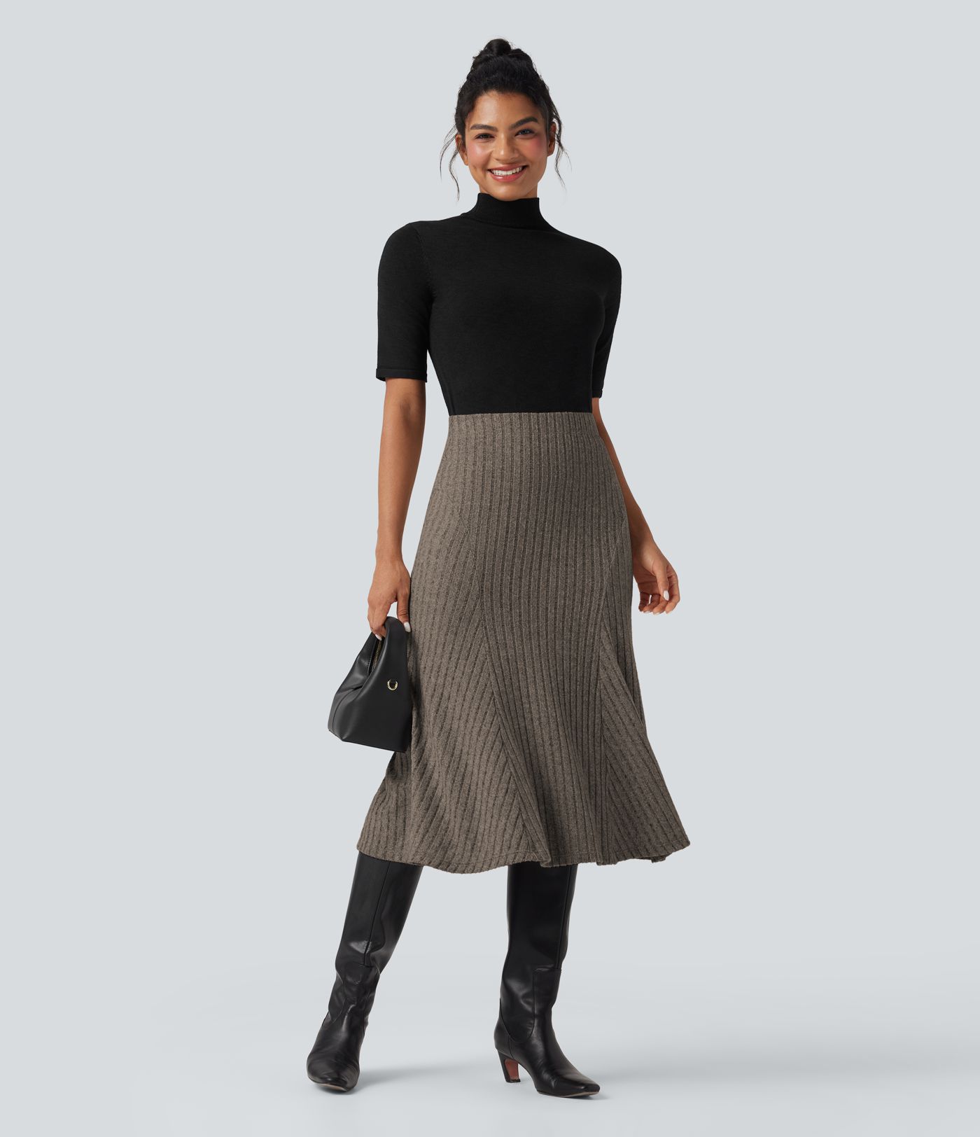 Ribbed Knit High-waisted Midi Casual A-line Skirt