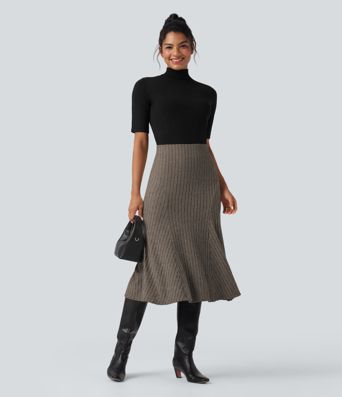 Ribbed Knit High-waisted Midi Casual A-line Skirt