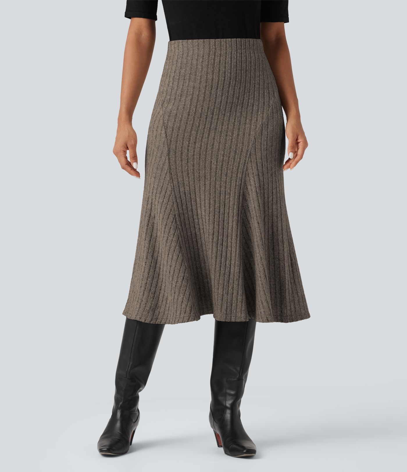 Ribbed Knit High-waisted Midi Casual A-line Skirt