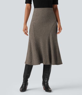Ribbed Knit High-waisted Midi Casual A-line Skirt