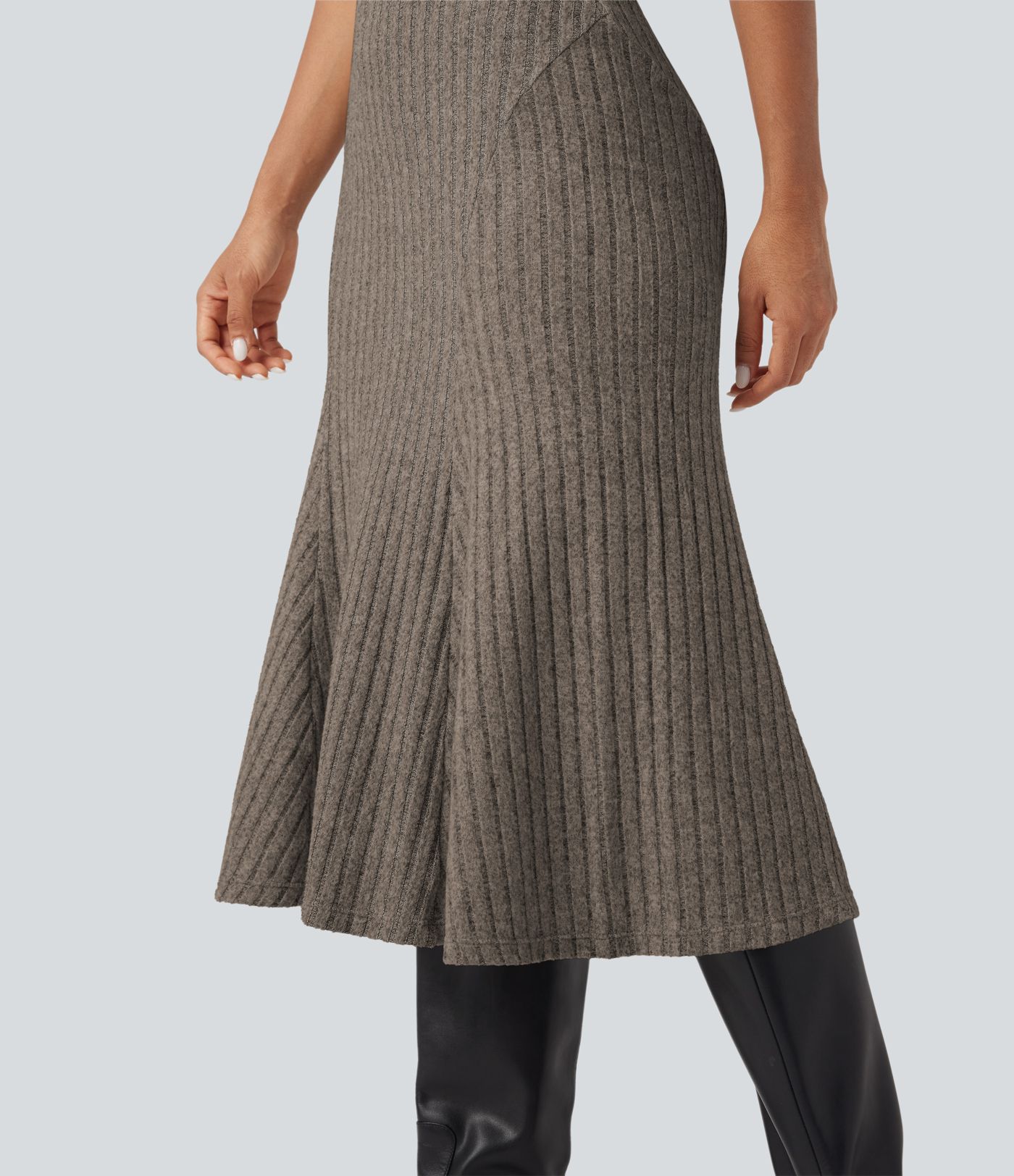 Ribbed Knit High-waisted Midi Casual A-line Skirt