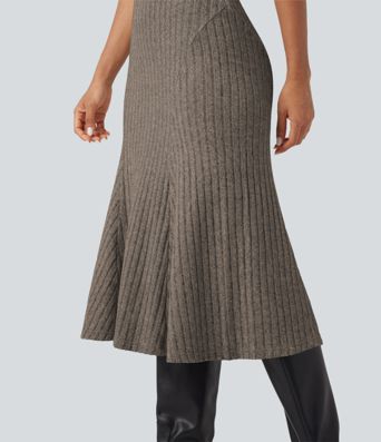 Ribbed Knit High-waisted Midi Casual A-line Skirt
