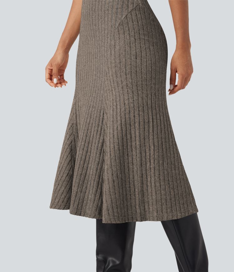 Ribbed Knit High-waisted Midi Casual A-line Skirt