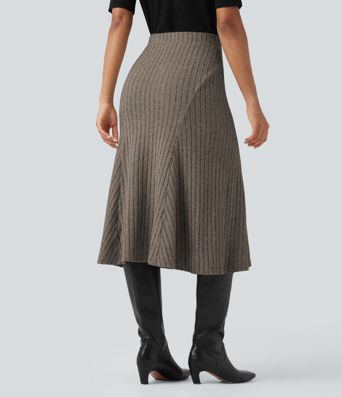 Ribbed Knit High-waisted Midi Casual A-line Skirt