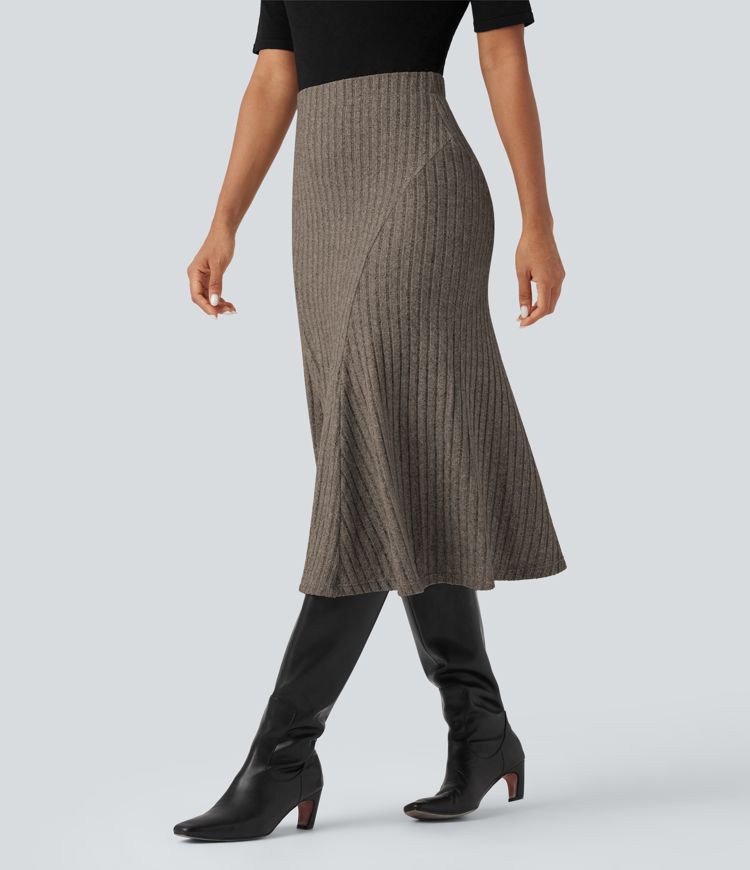 Ribbed Knit High-waisted Midi Casual A-line Skirt