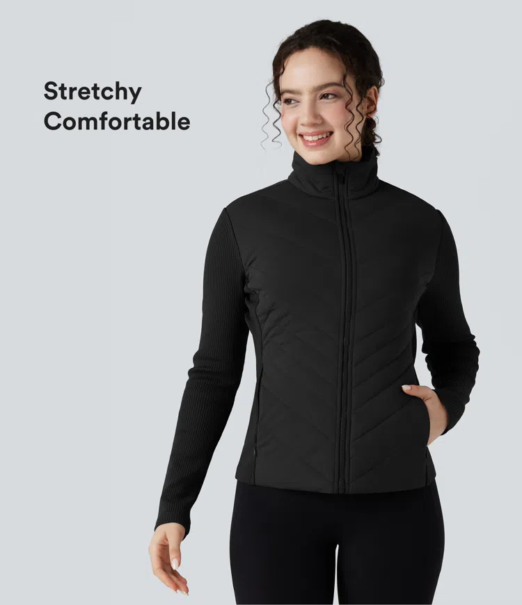 High-neck Contrast Ribbed Slim Casual Quilted Jacket with Pockets