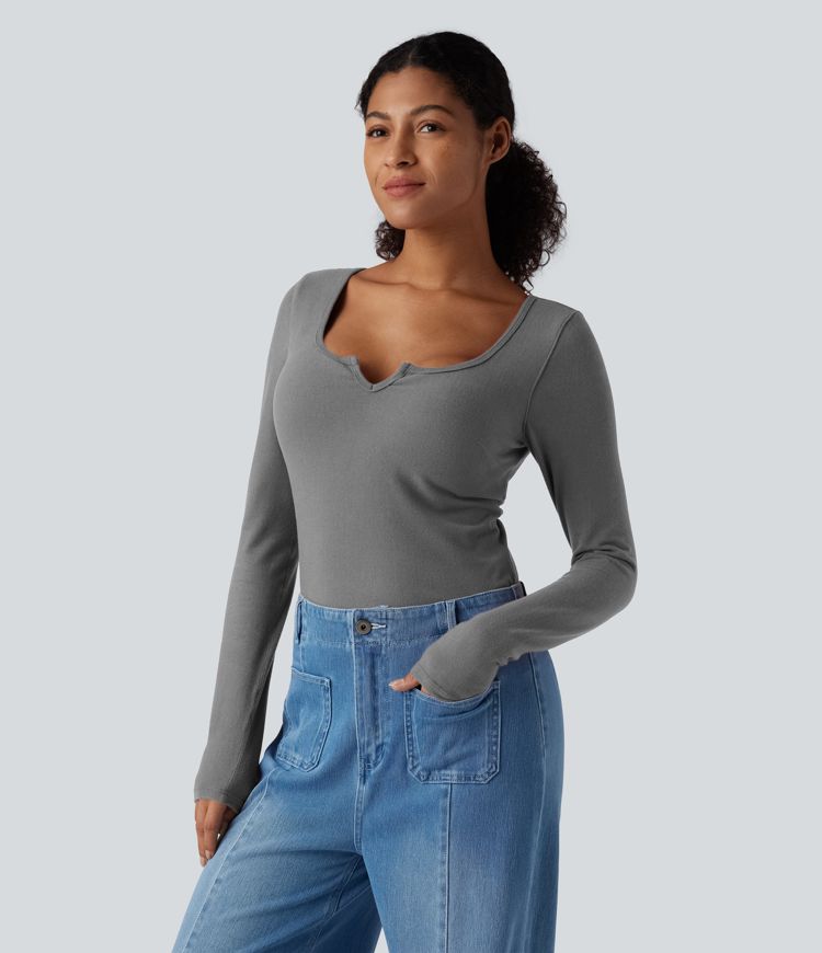 Push-Up Notched Long Sleeve Casual Warming T-Shirt-D/DD/DDD/F Cups