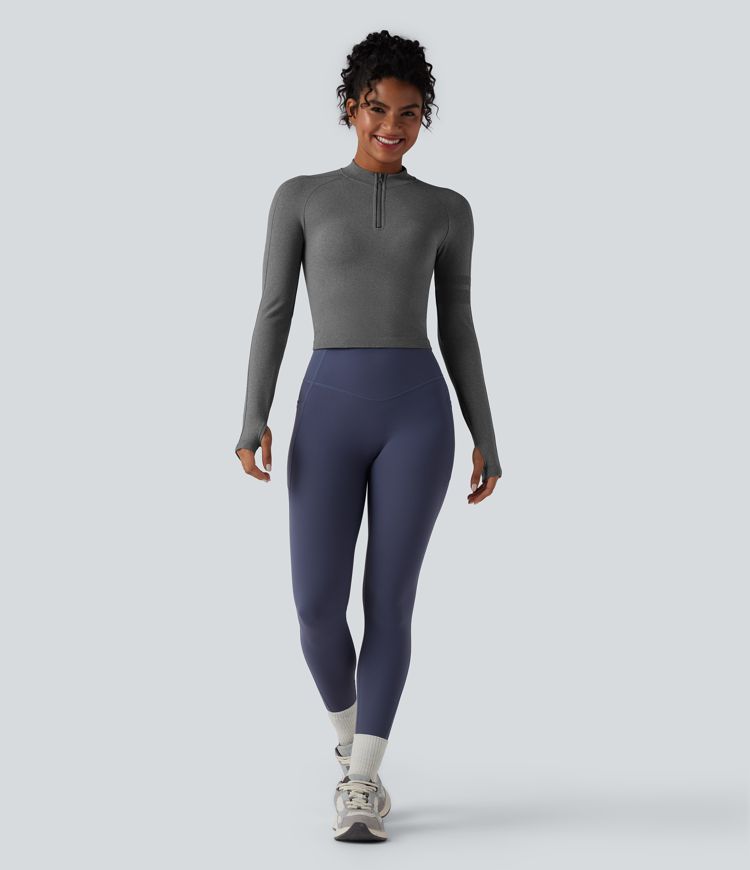 Dikişsiz, yarım fermuarlı, uzun kollu yoga spor üstü, başparmak deliği