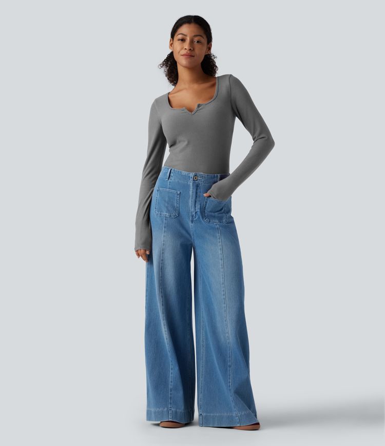 Push-Up Notched Long Sleeve Casual Warming T-Shirt-D/DD/DDD/F Cups