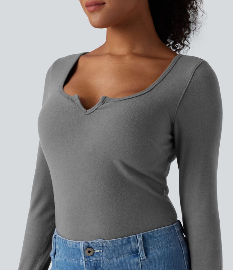 Push-Up Notched Long Sleeve Casual Warming T-Shirt-D/DD/DDD/F Cups