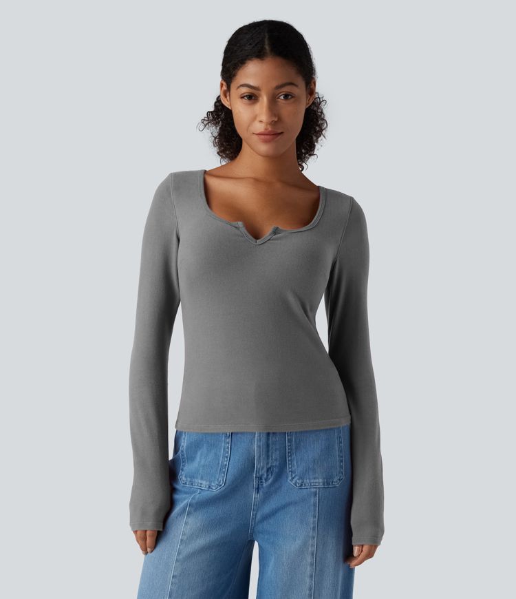 Push-Up Notched Long Sleeve Casual Warming T-Shirt-D/DD/DDD/F Cups