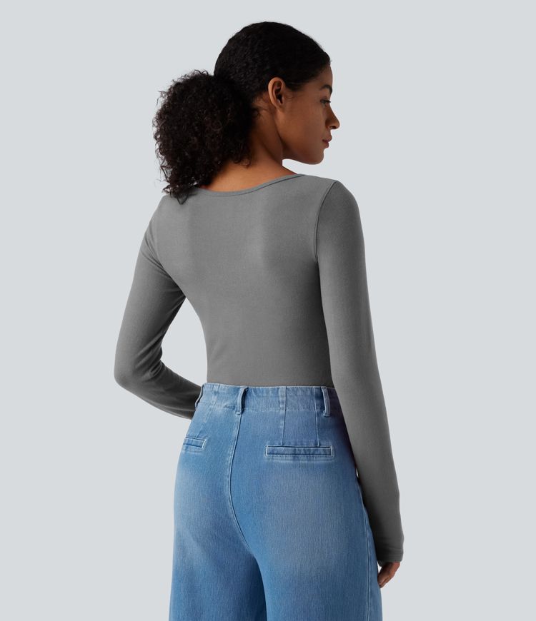 Push-Up Notched Long Sleeve Casual Warming T-Shirt-D/DD/DDD/F Cups