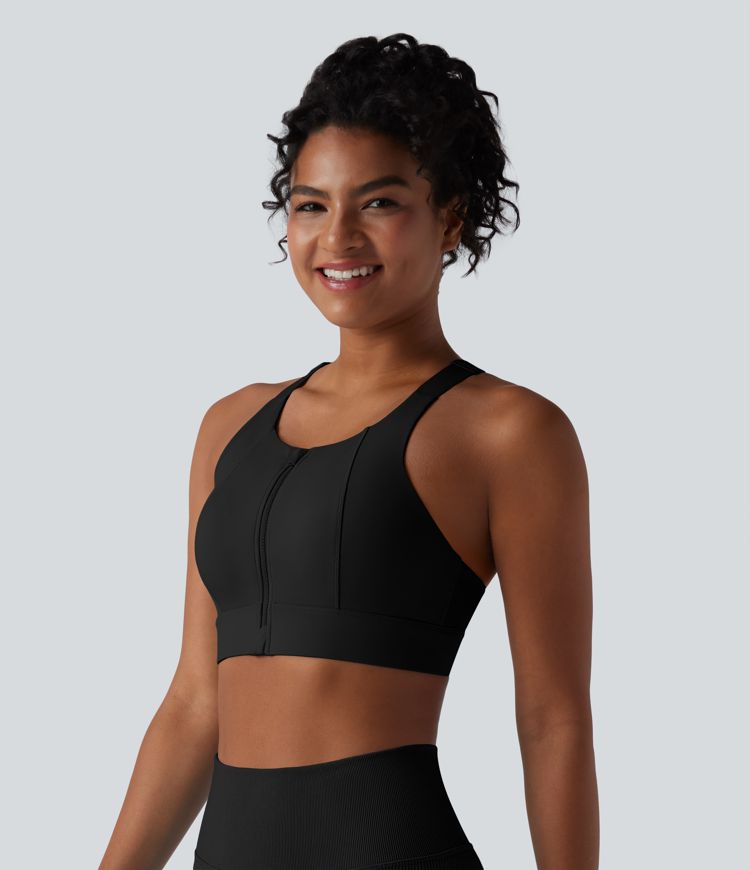 Medium Support Zipper Racerback Workout Sports Bra
