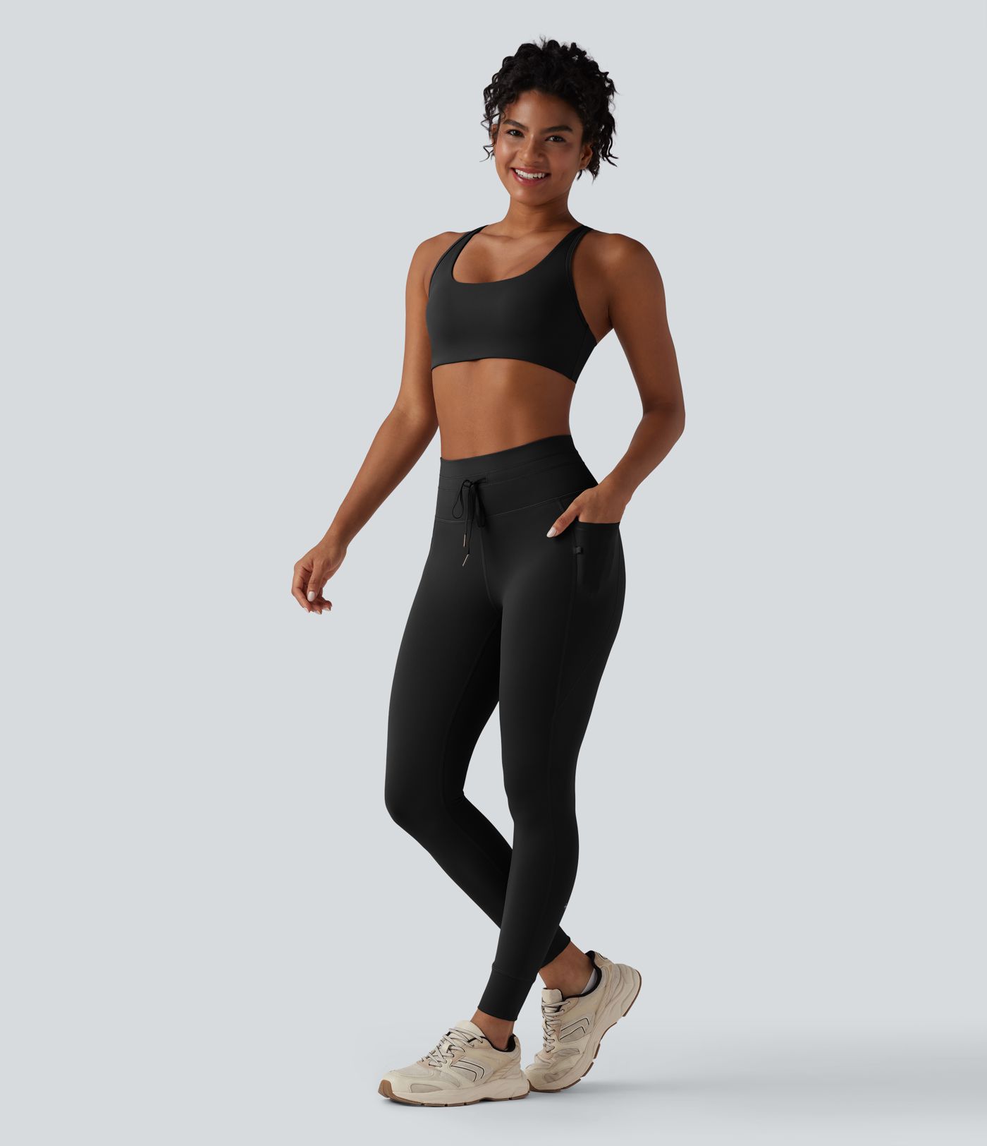 High Waisted Drawstring Plain Yoga 7/8 Leggings with Pockets