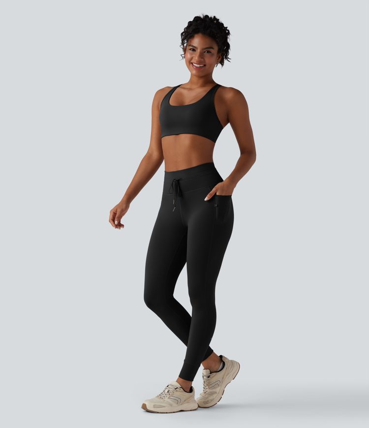 High Waisted Drawstring Plain Yoga 7/8 Leggings with Pockets