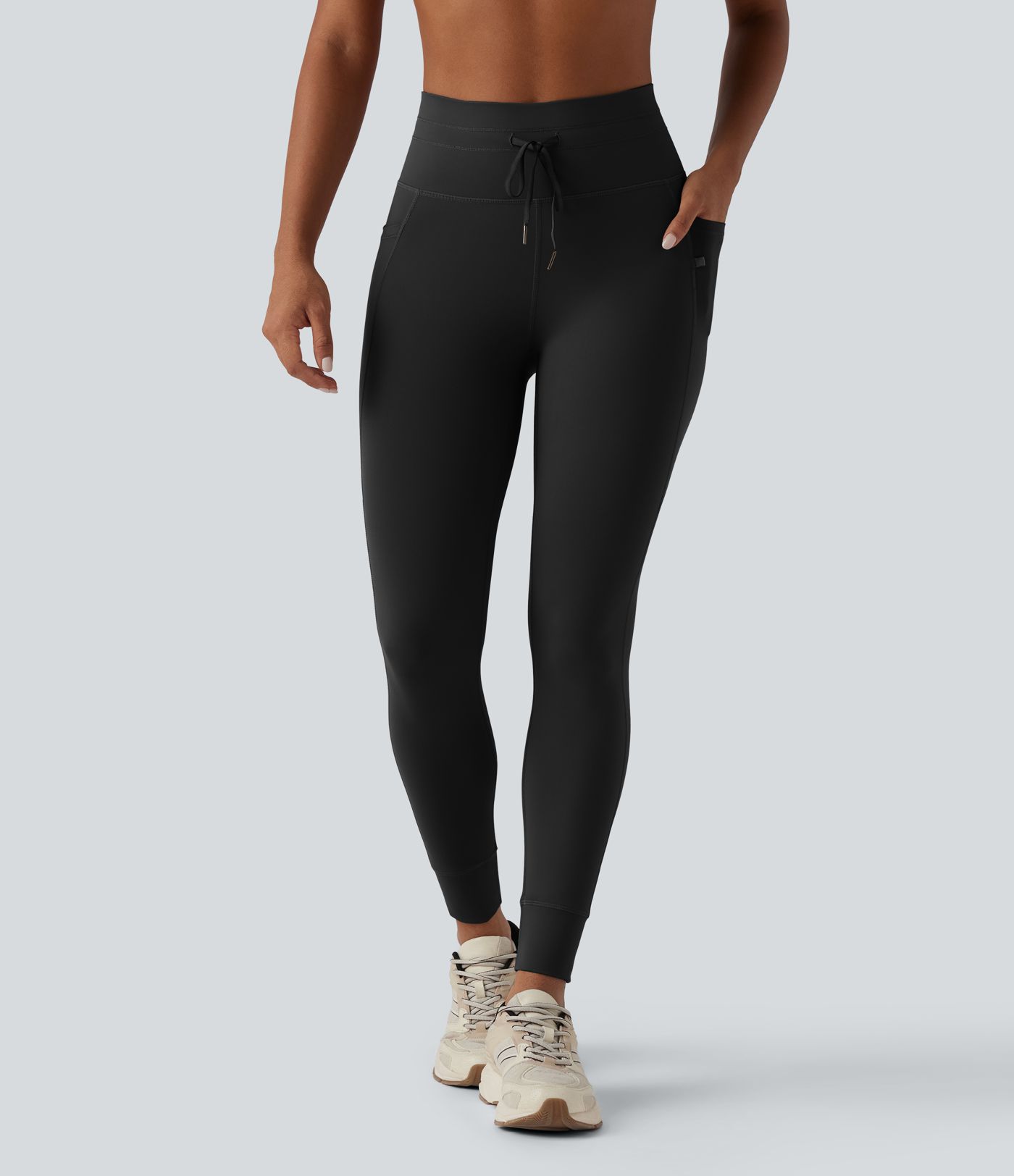 High Waisted Drawstring Plain Yoga 7/8 Leggings with Pockets