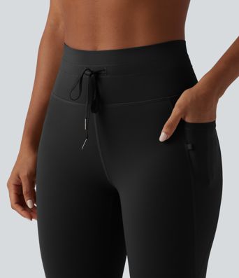 High Waisted Drawstring Plain Yoga 7/8 Leggings with Pockets