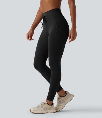 High Waisted Drawstring Plain Yoga 7/8 Leggings with Pockets