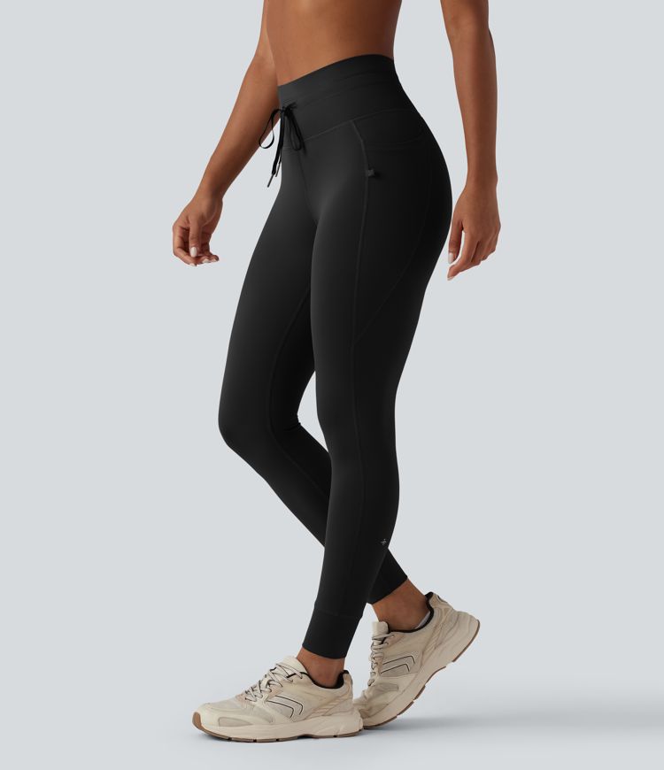 High Waisted Drawstring Plain Yoga 7/8 Leggings with Pockets