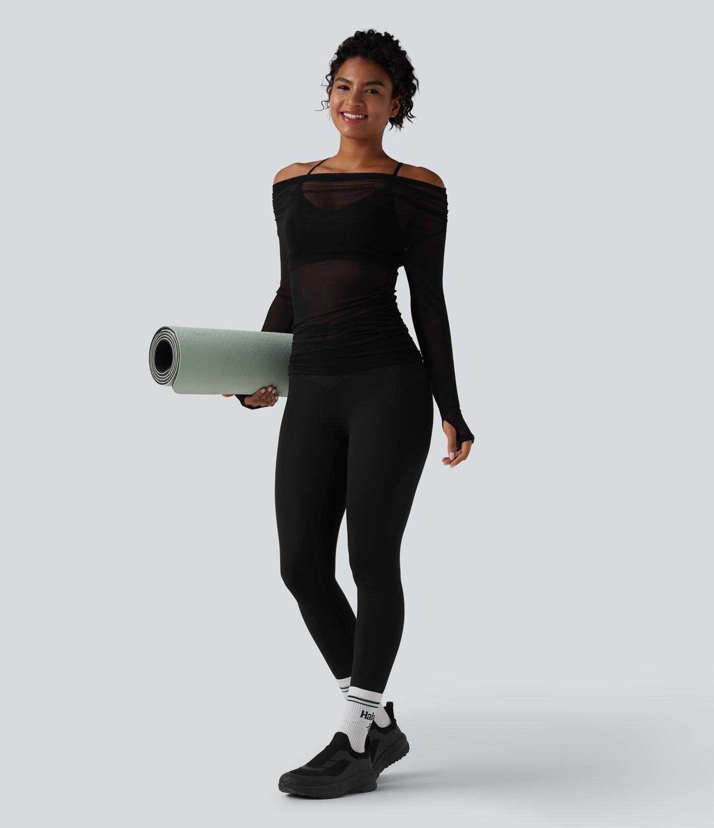 One Shoulder Long Sleeve Thumb Hole Mesh Yoga Sports Top