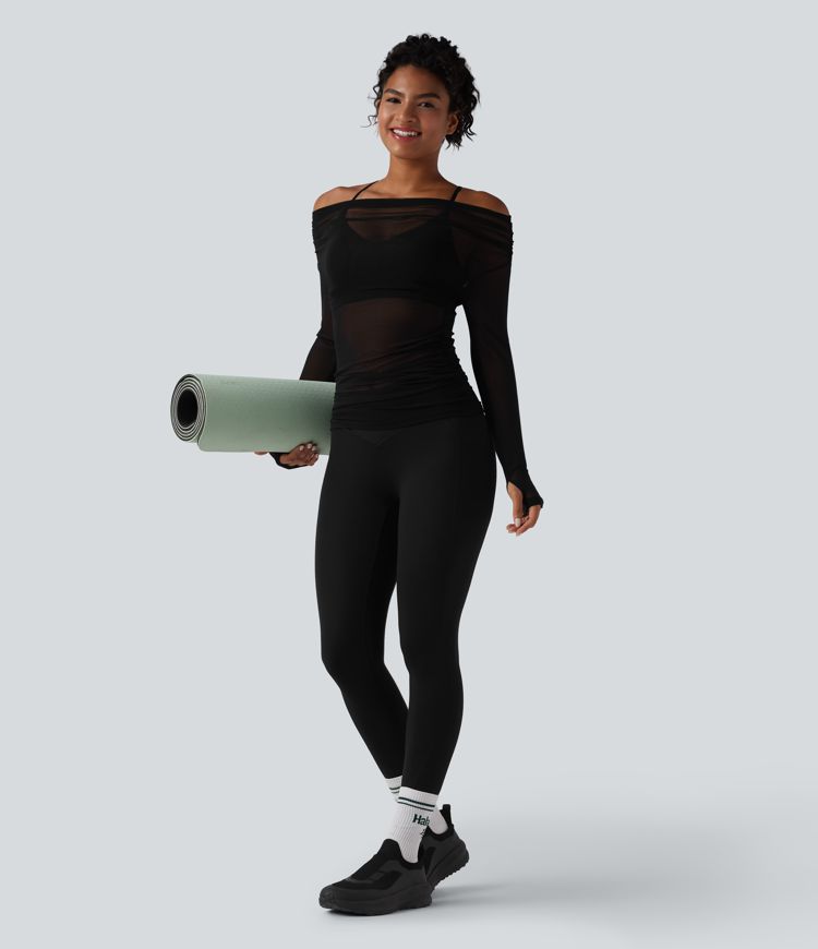 One Shoulder Long Sleeve Thumb Hole Mesh Yoga Sports Top