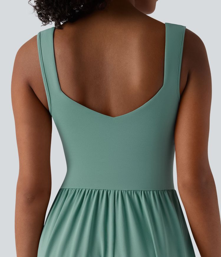 Sleeveless Backless Crossover Flowy Midi Casual Dress with Pockets