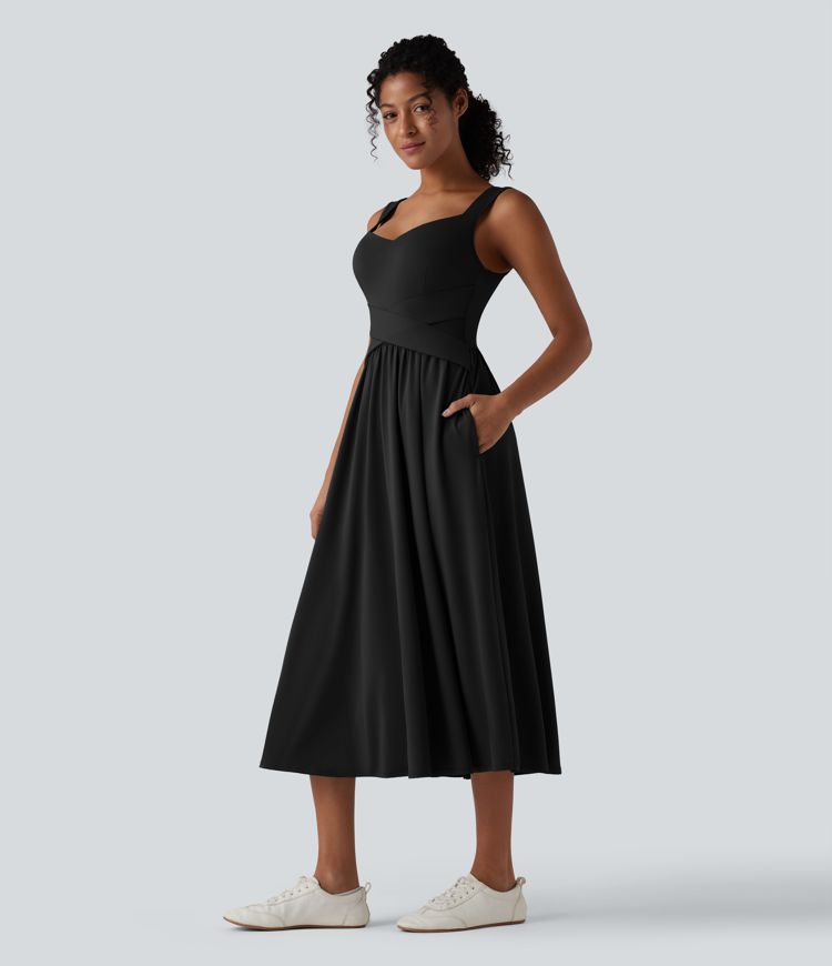 Robe décontractée midi fluide sans manches dos croisé ouvert avec poches