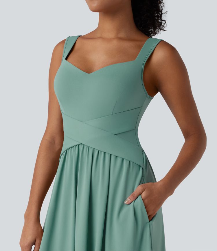 Sleeveless Backless Crossover Flowy Midi Casual Dress with Pockets