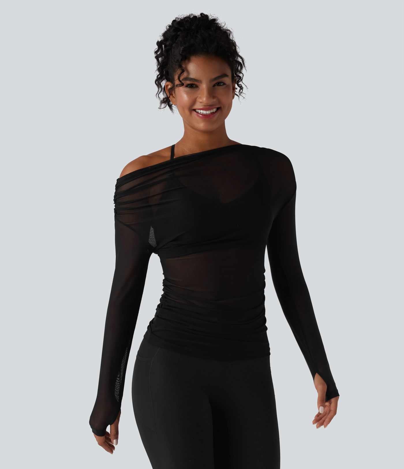 One Shoulder Long Sleeve Thumb Hole Mesh Yoga Sports Top
