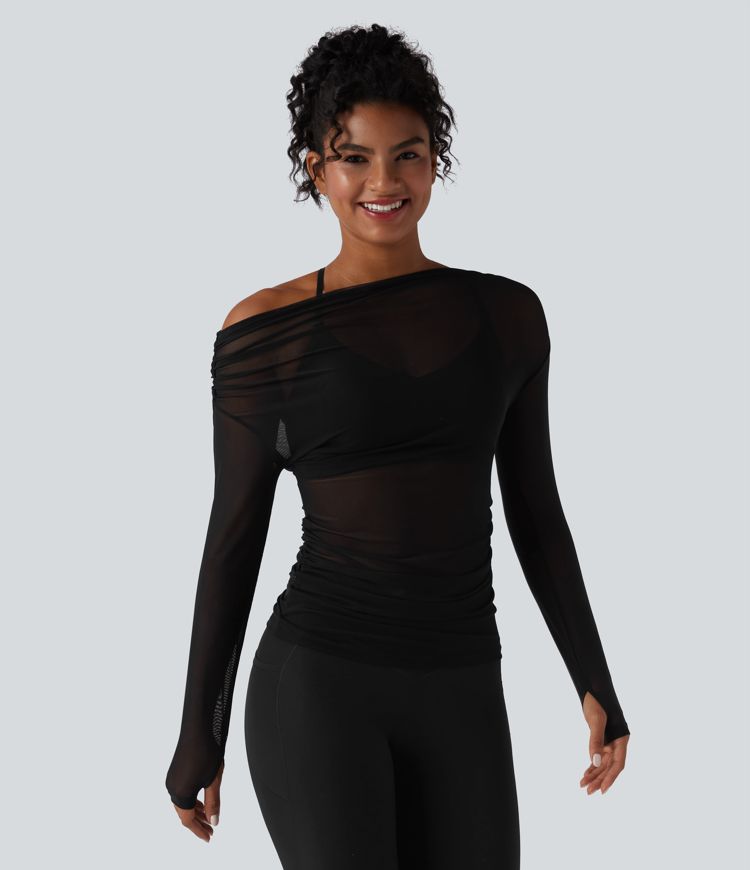 One Shoulder Long Sleeve Thumb Hole Mesh Yoga Sports Top
