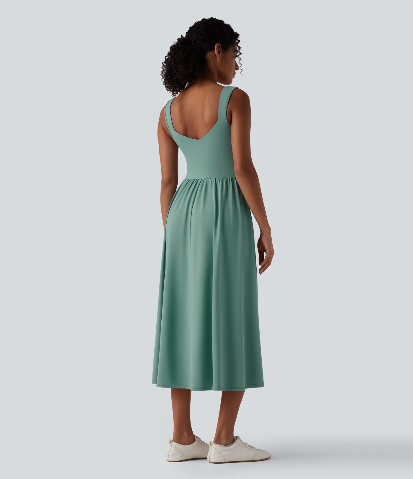 Sleeveless Backless Crossover Flowy Midi Casual Dress with Pockets